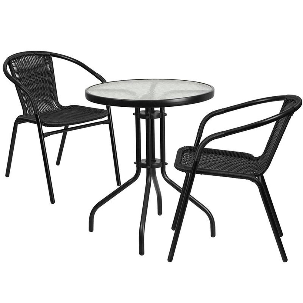 23.75 Round Glass Metal Table with 2 Black Rattan Stack Chairs