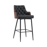 Indoor Mid-Century Classic Metal Upholstered Bar Stool with Faux Leather Upholstery and Tufted Back