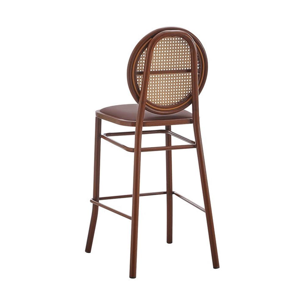 Indoor Metal Bar Stool with Poly Woven Backrest and Cushioned Mahogany Vinyl Seat