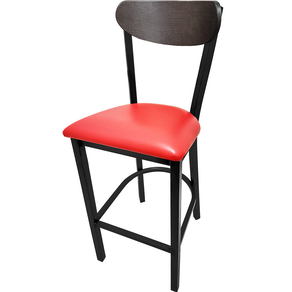 Kidney Wood Back Bar Stool with Black Metal Frame