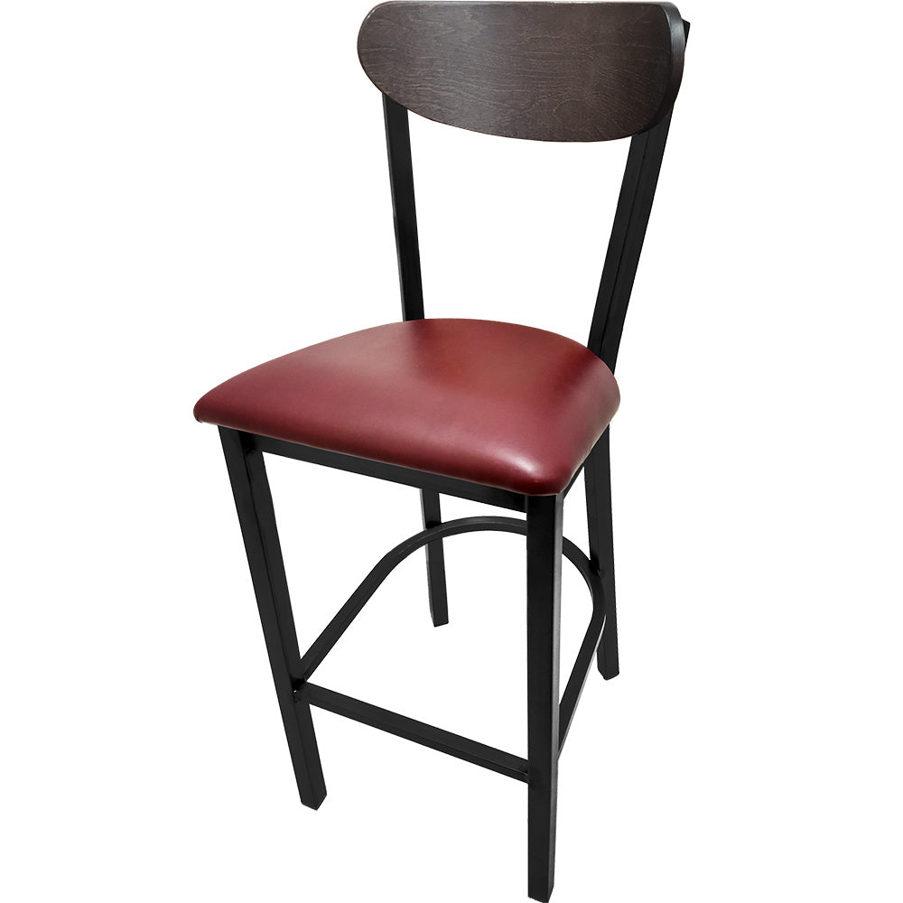 Kidney Wood Back Bar Stool with Black Metal Frame