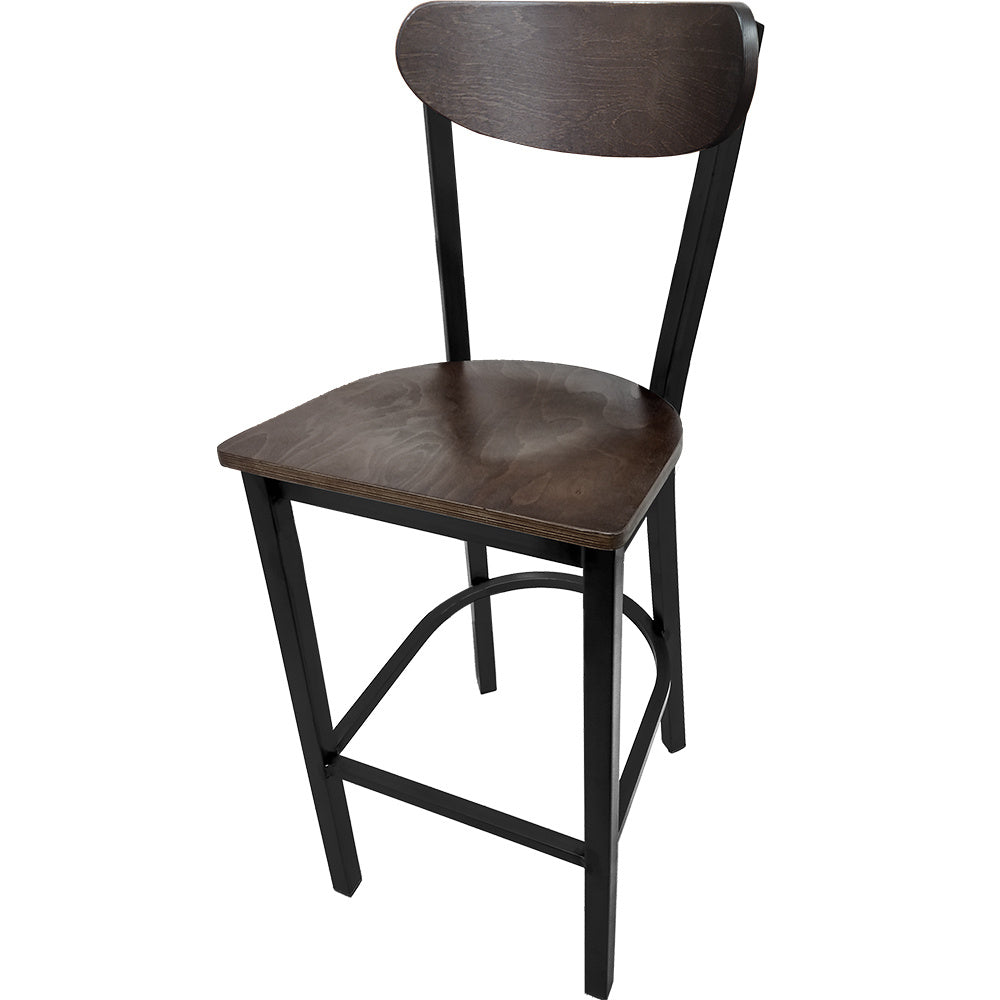 Kidney Wood Back Bar Stool with Black Metal Frame