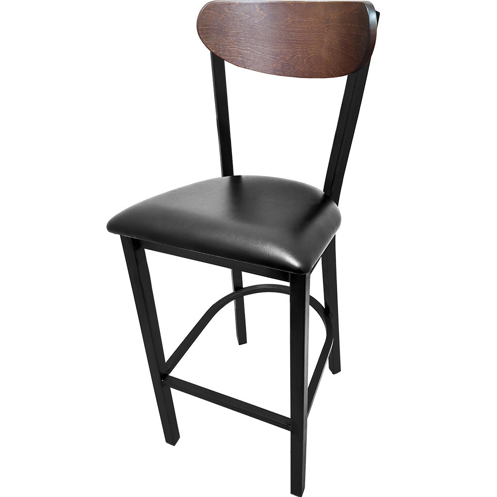 Kidney Wood Back Bar Stool with Black Metal Frame