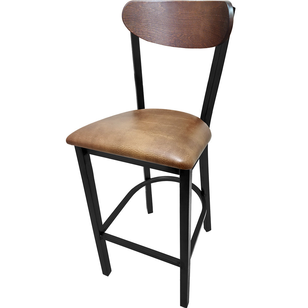 Kidney Wood Back Bar Stool with Black Metal Frame