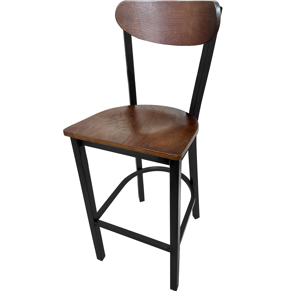 Kidney Wood Back Bar Stool with Black Metal Frame