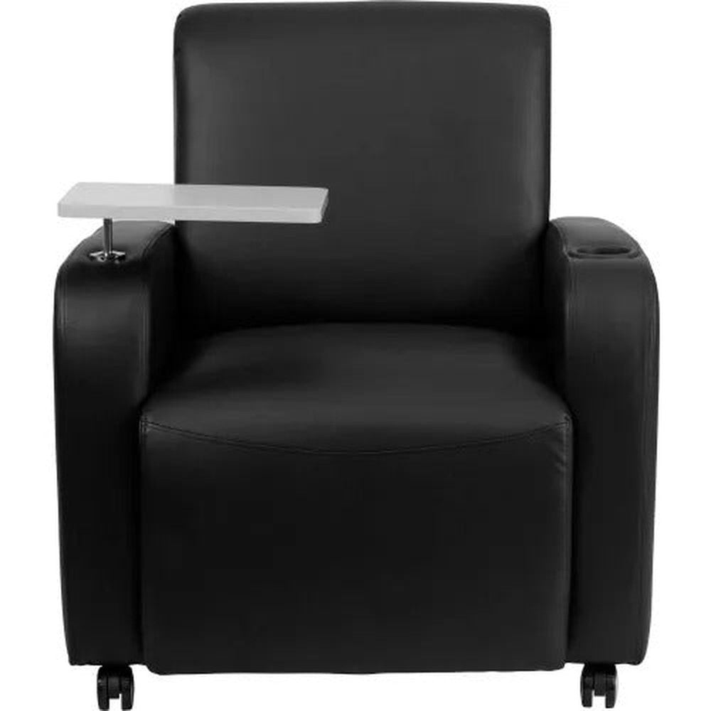 Leather Mobile Guest Chair with Tablet Arm and Cup Holder - Black