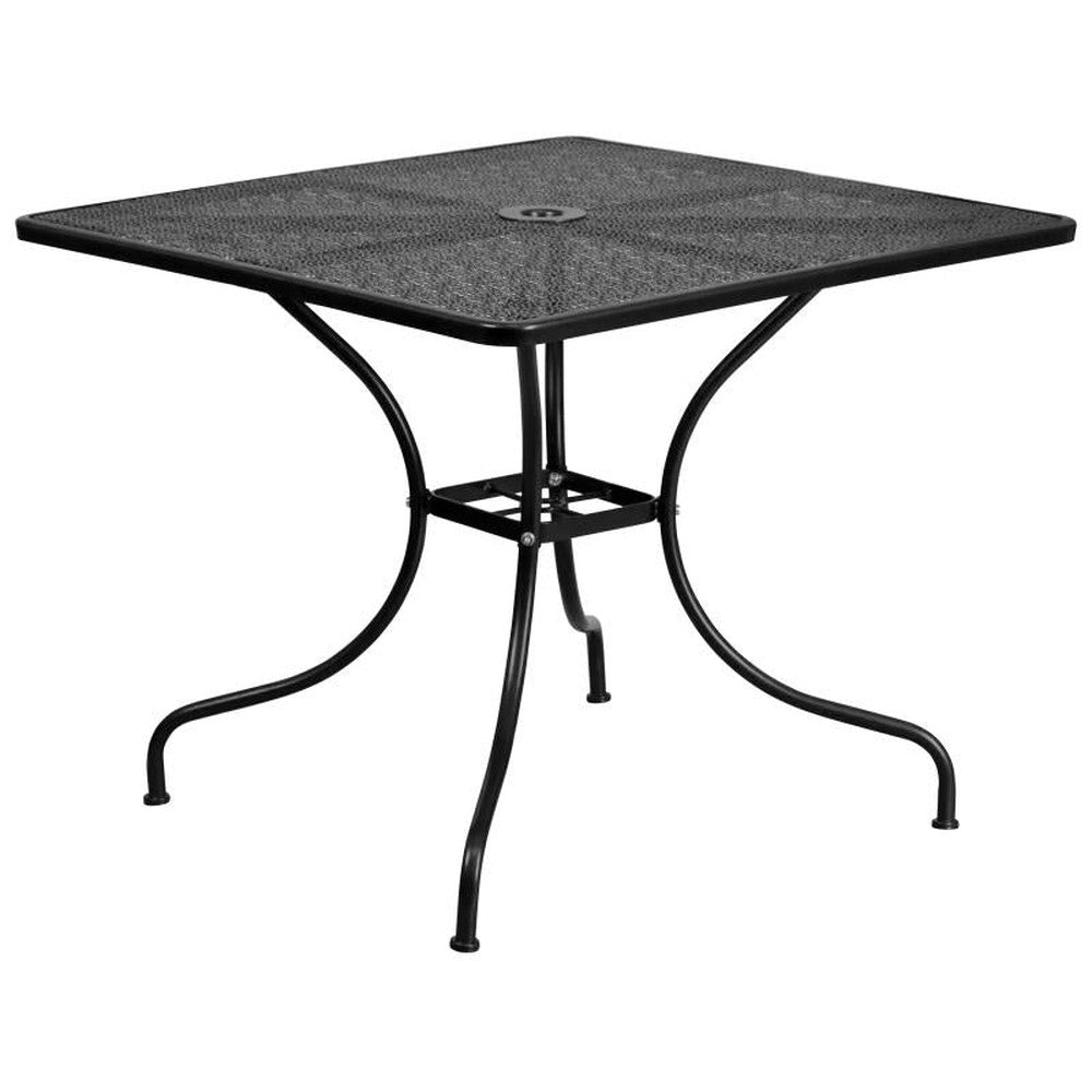 Oia 35.5" Square Black Outdoor Steel Patio Table Set with 4 Square Back Chairs