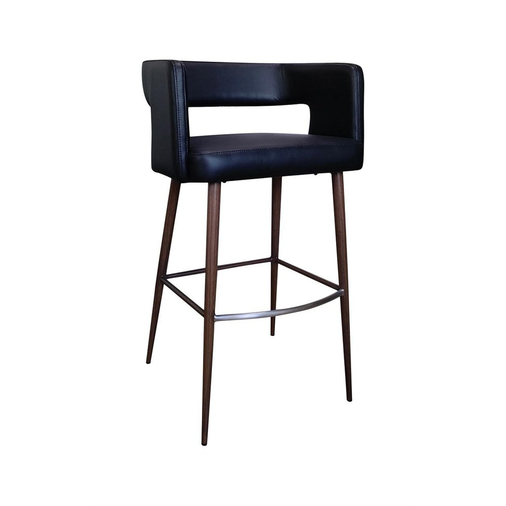 Indoor Curved Open Back Bar Stool with Metal Frame and Black Vinyl Upholstery