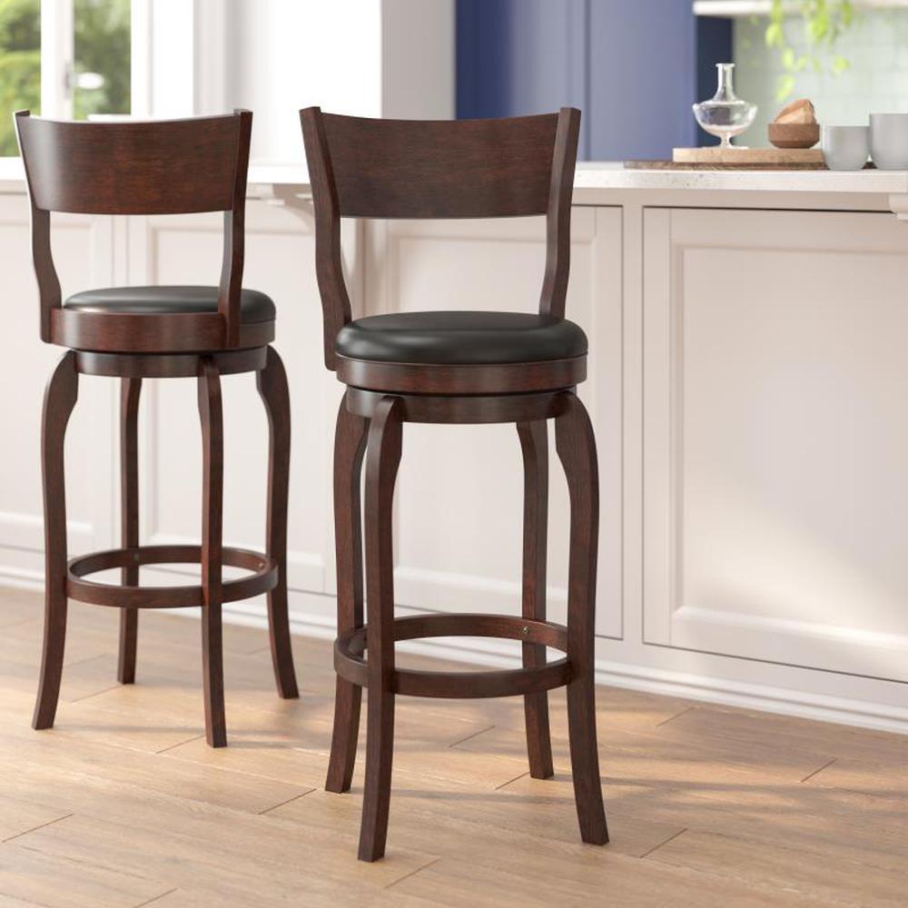 Nichola Classic Upholstered Open Back Swivel Bar Height Pub Bar Stool with Bowed Wooden Frame