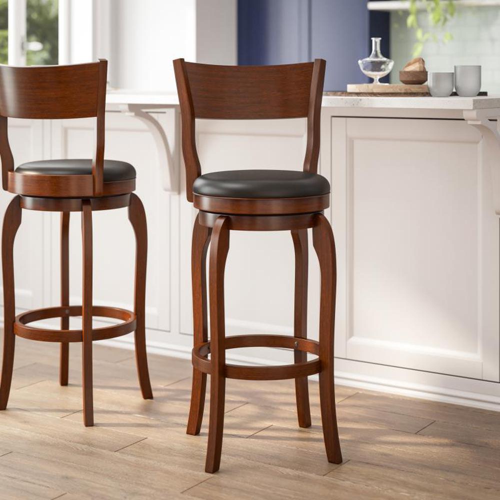 Nichola Classic Upholstered Open Back Swivel Bar Height Pub Bar Stool with Bowed Wooden Frame