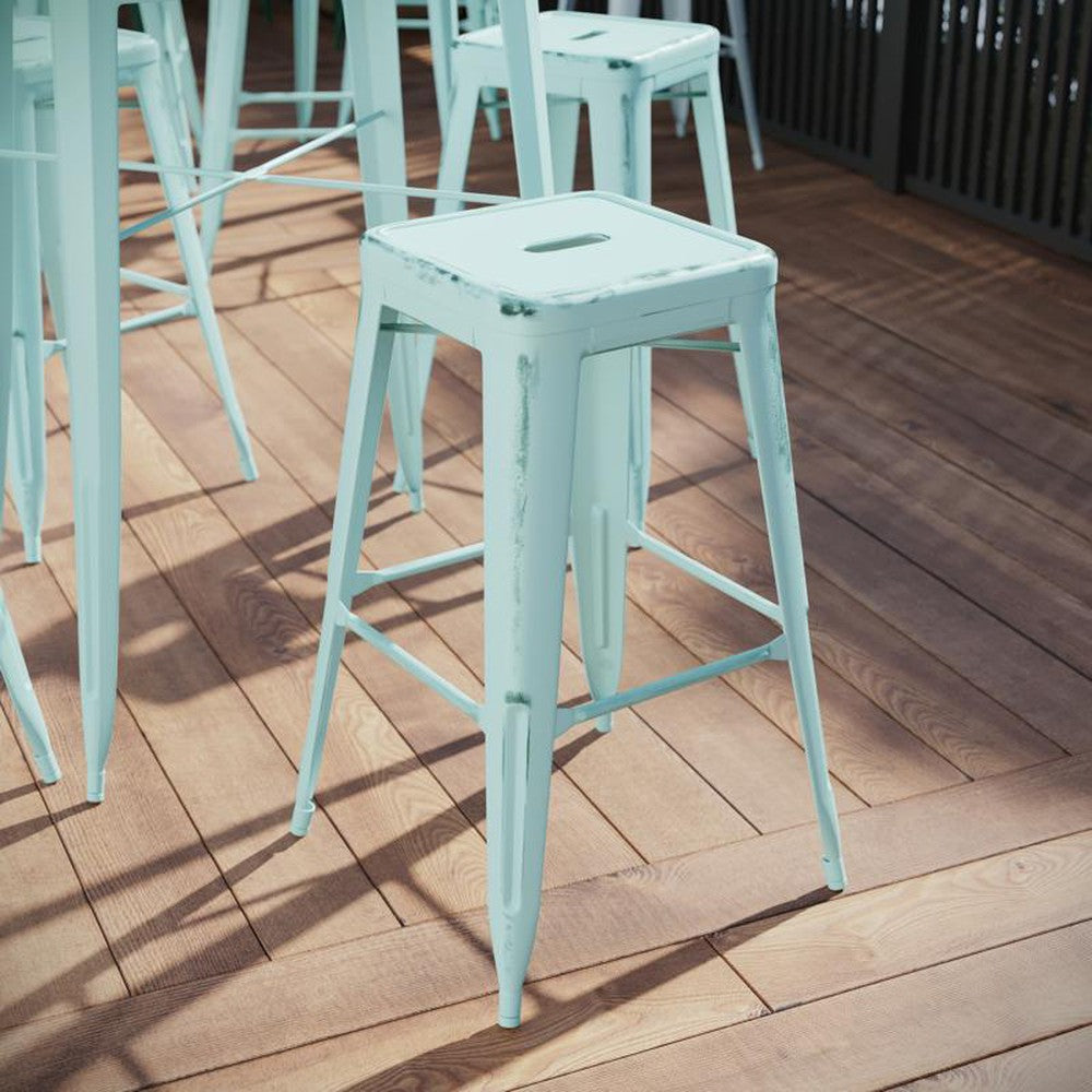 Tolix Style 30'' High Backless Distressed Metal Outdoor Bar Stool