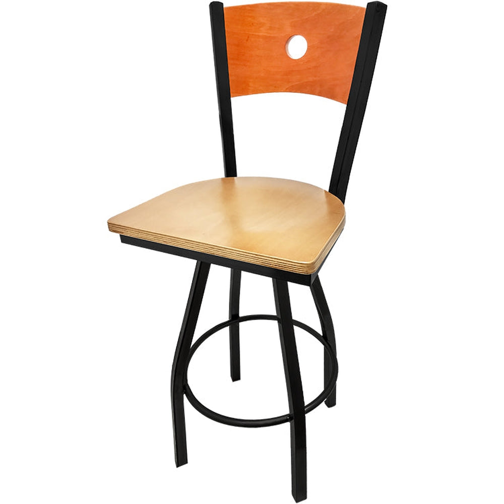 bullseye wood back barstool with black swivel frame