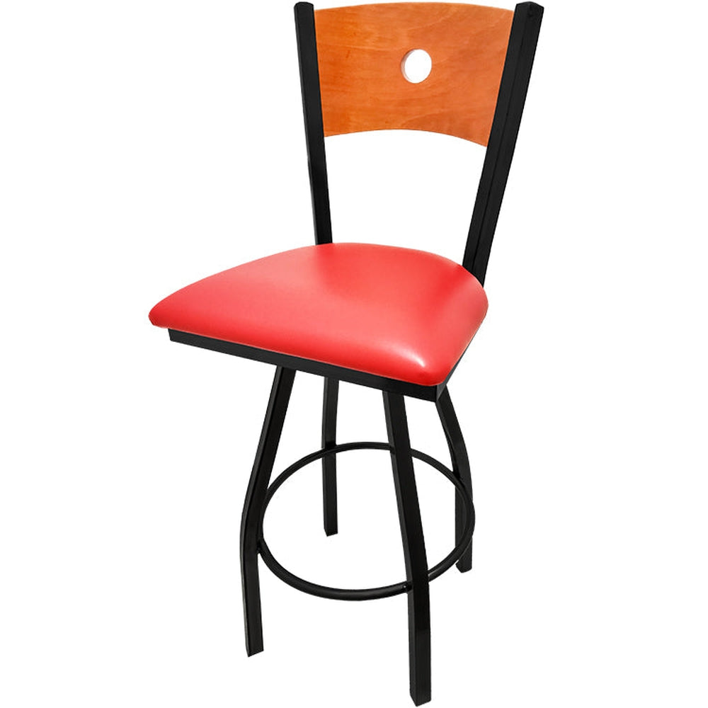 bullseye wood back barstool with black swivel frame