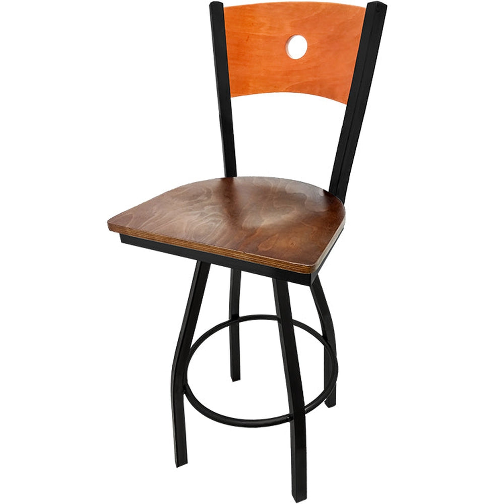 bullseye wood back barstool with black swivel frame