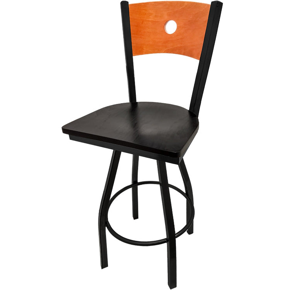 bullseye wood back barstool with black swivel frame