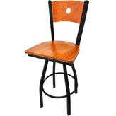 bullseye wood back barstool with black swivel frame