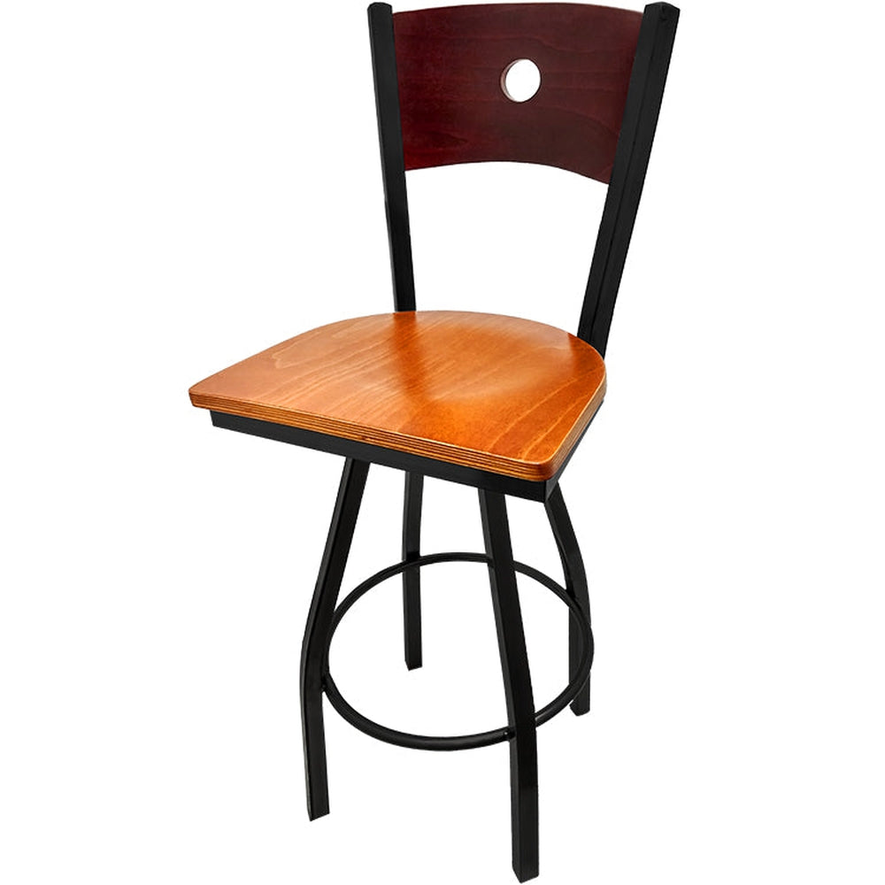 bullseye wood back barstool with black swivel frame