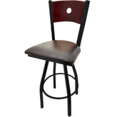 bullseye wood back barstool with black swivel frame