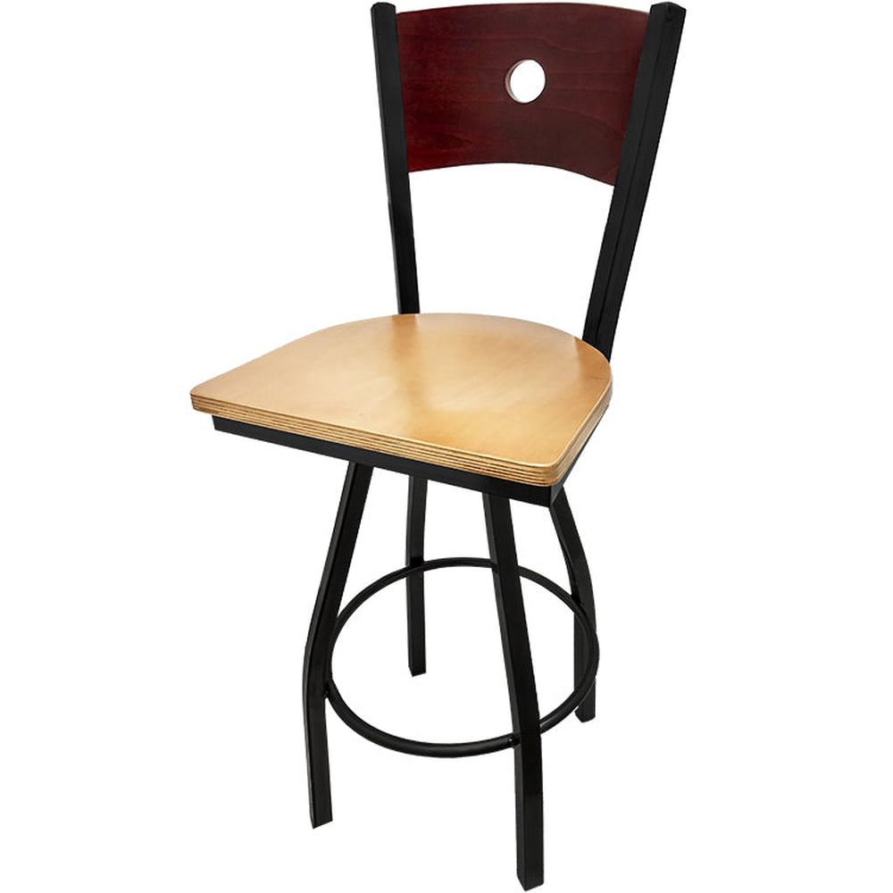 bullseye wood back barstool with black swivel frame