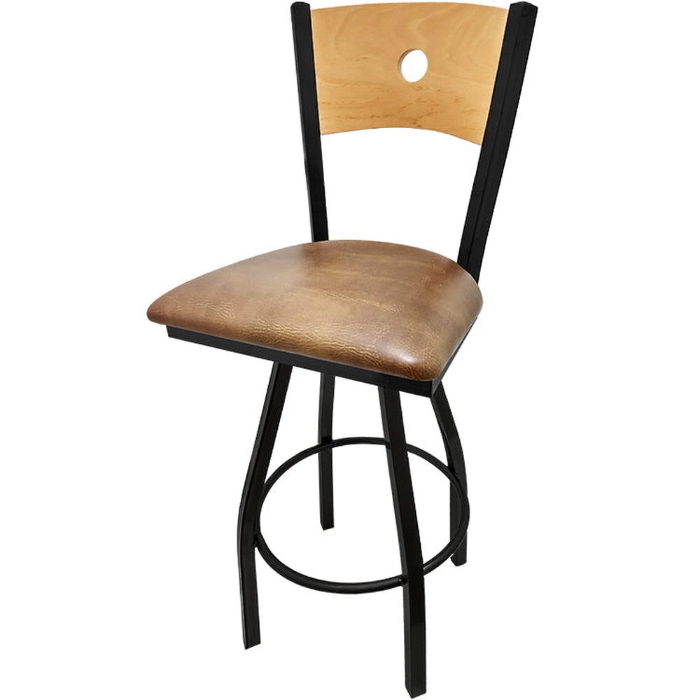 bullseye wood back barstool with black swivel frame