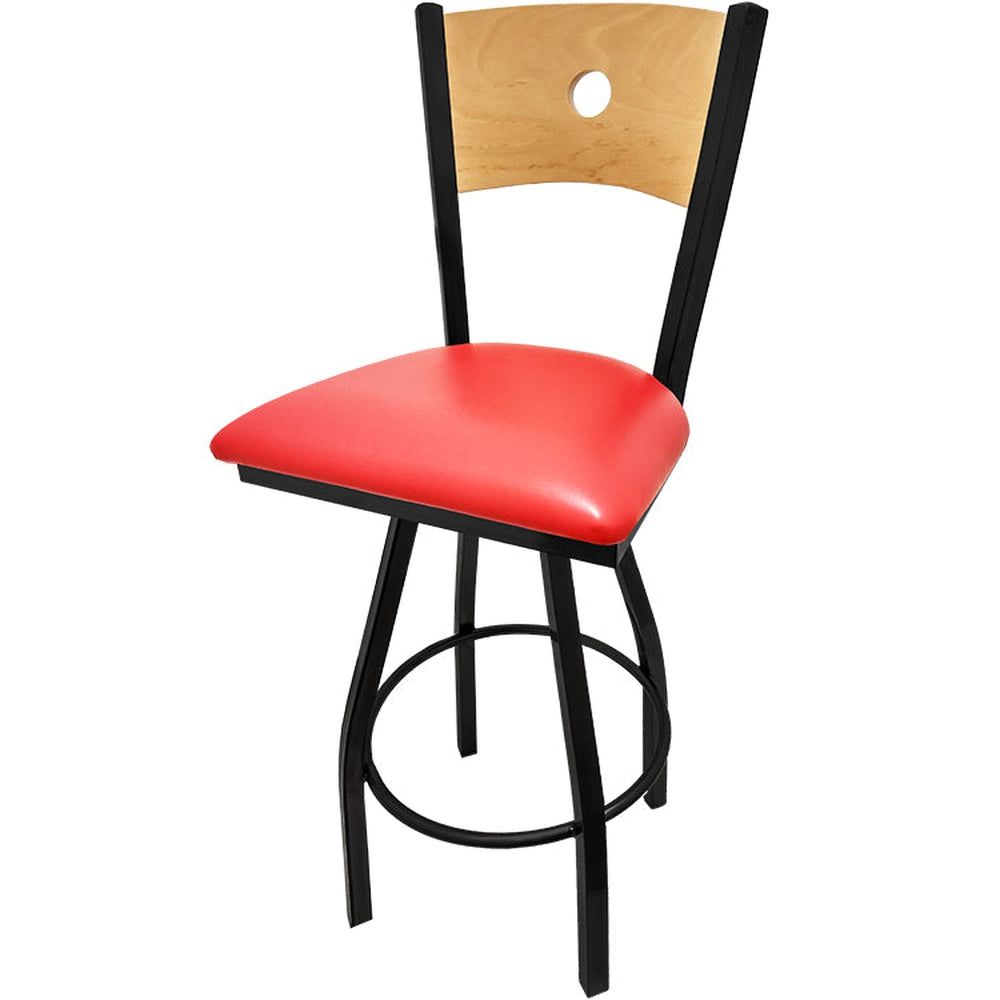 bullseye wood back barstool with black swivel frame