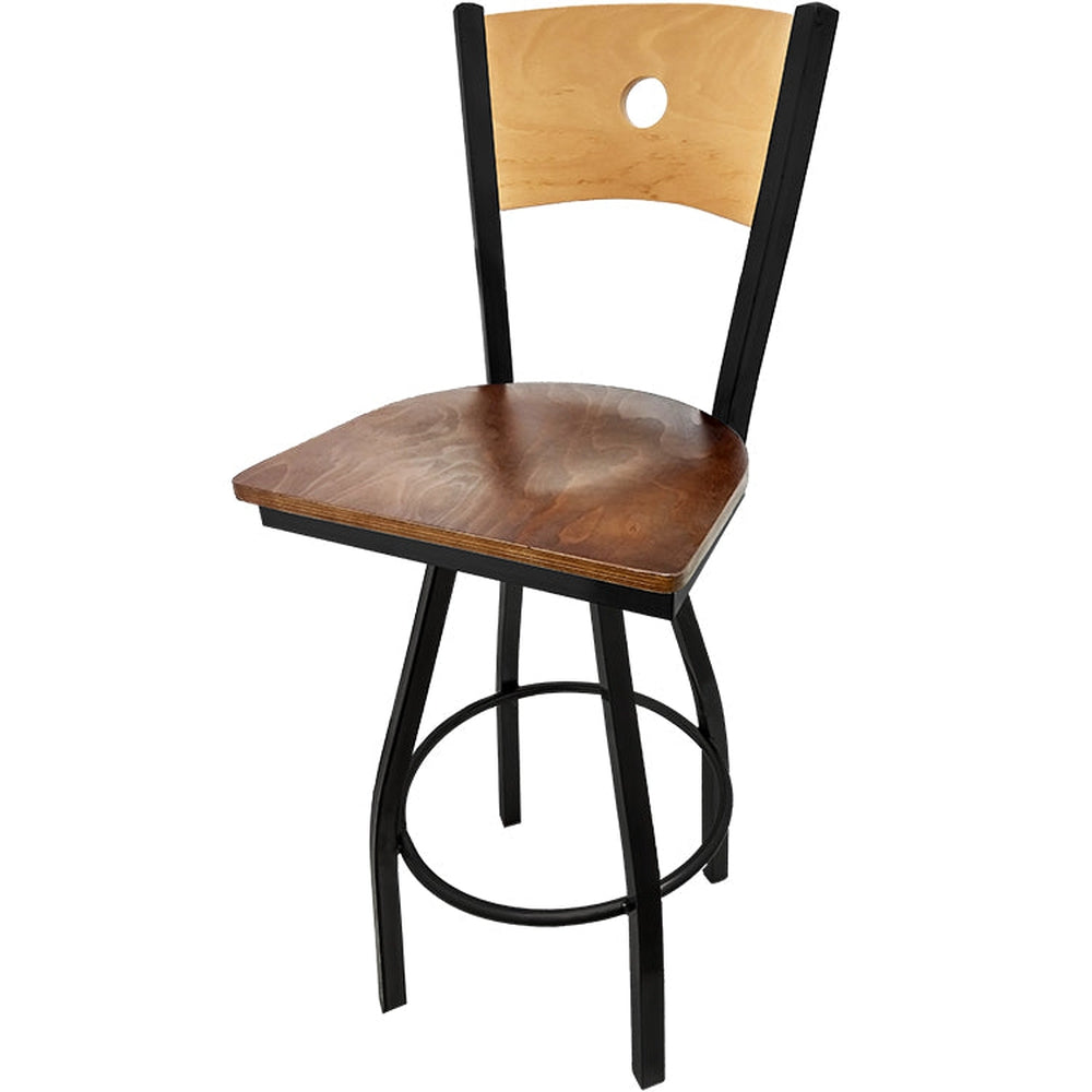 bullseye wood back barstool with black swivel frame