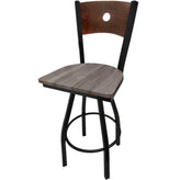 bullseye wood back barstool with black swivel frame