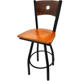 bullseye wood back barstool with black swivel frame