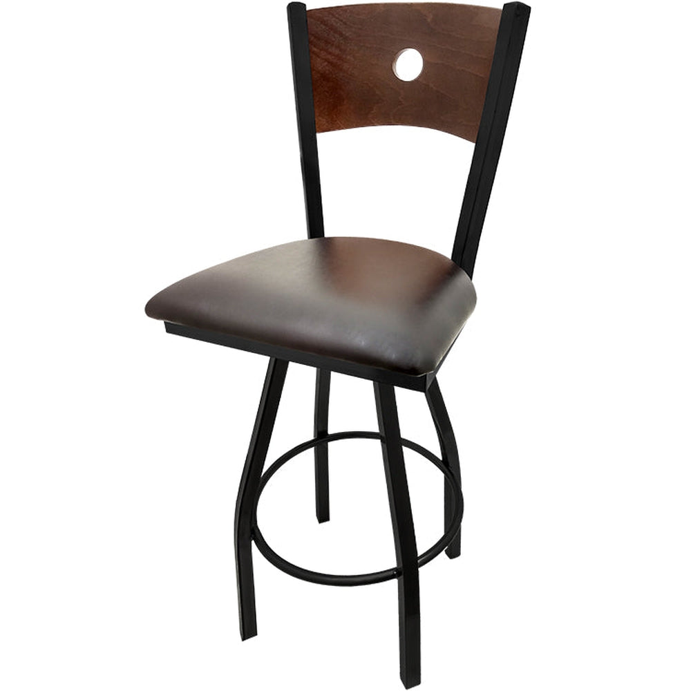 bullseye wood back barstool with black swivel frame