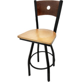 bullseye wood back barstool with black swivel frame