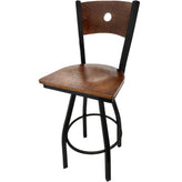 bullseye wood back barstool with black swivel frame