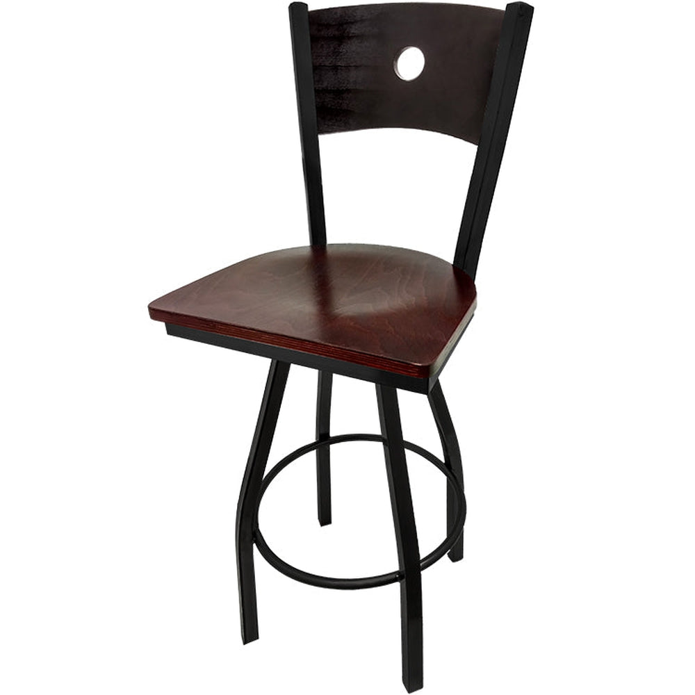 bullseye wood back barstool with black swivel frame