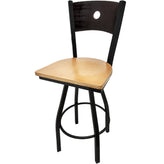 bullseye wood back barstool with black swivel frame