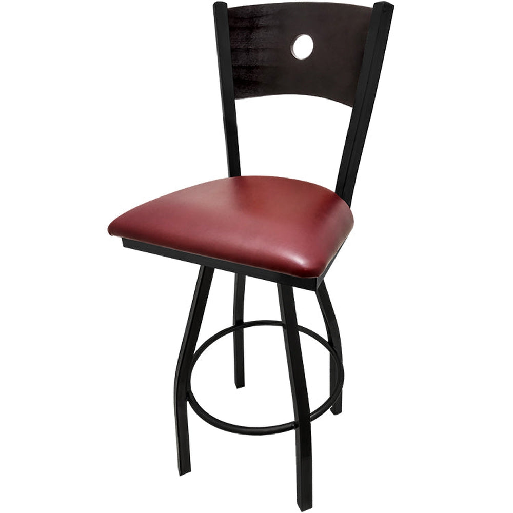 bullseye wood back barstool with black swivel frame