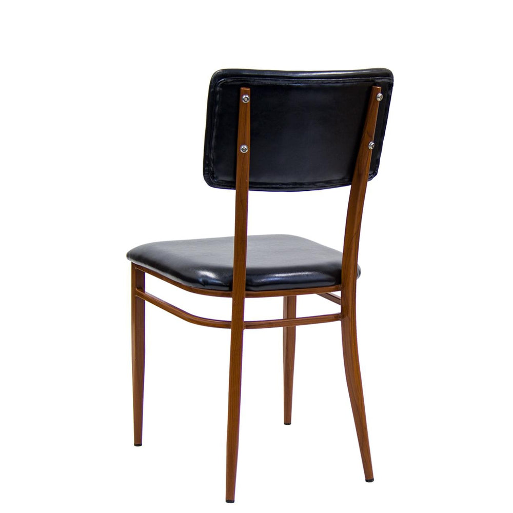 Indoor Metal Chair In Mahogany Finish With Black Vinyl Seat & Back