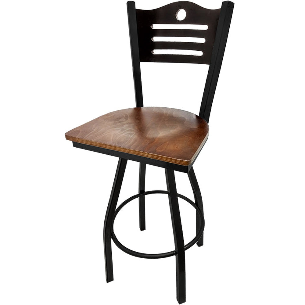 shoreline wood back barstool with black swivel frame